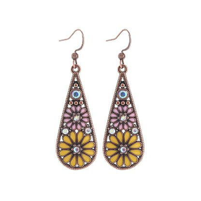 Bohemian Crystal Teardrop Dangle Earrings, Copper, Tribal Geometric Design, Handmade National Style for Women - color: Yellow