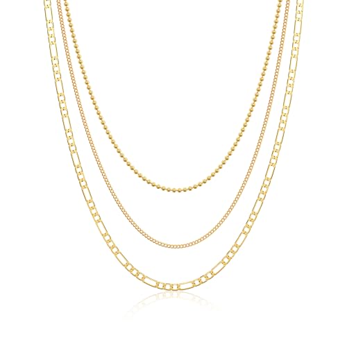 Tewiky Layered Necklaces for Women 14k Gold Plated Chain Necklace Set | Chunky Herringbone/Snake/Rope/Box/Cuban Link Chain for Women, Layering Stack Choker Necklace, Dainty Jewelry Set Non Tarnish - color: 3 Bead Cuban Figaro Gold
