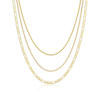 Tewiky Layered Necklaces for Women 14k Gold Plated Chain Necklace Set | Chunky Herringbone/Snake/Rope/Box/Cuban Link Chain for Women, Layering Stack Choker Necklace, Dainty Jewelry Set Non Tarnish - color: 3 Bead Cuban Figaro Gold