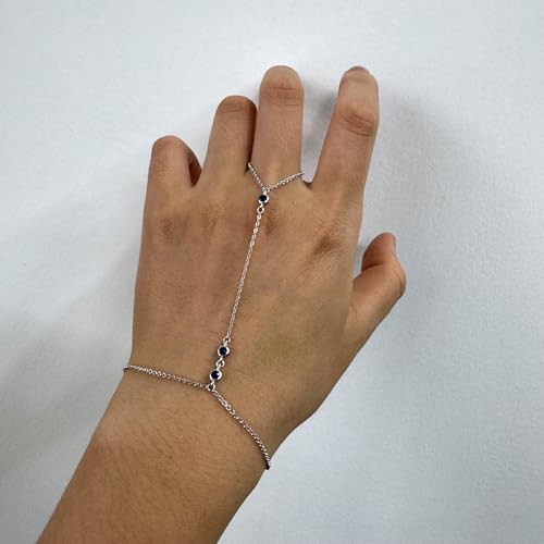 Kakikaki 925 Sterling Silver Finger Ring Bracelet Hand Chain for Women | Slave Bracelets 7" to 9" Adjustable - color: Silver, style: 3 Sapphire