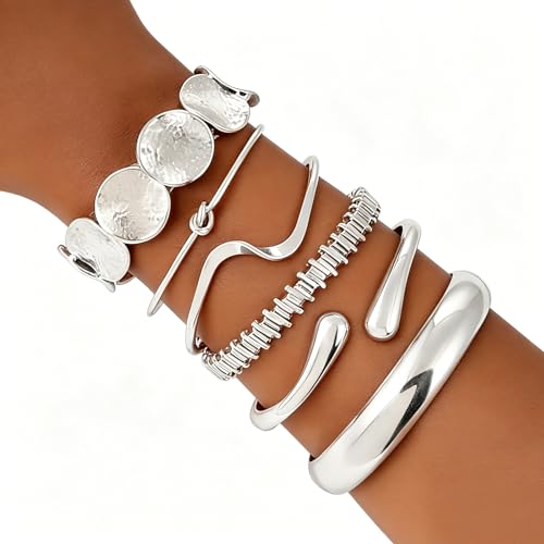 ILGANT Gold Bangle Bracelets for Women Gold Plated Chunky Cuff Bangle Bracelet Stackable Multi Layer Bangles Fashion Jewelry Set - color: Silver Bracelets