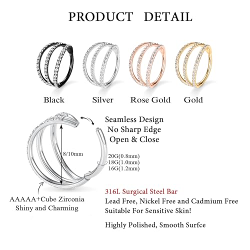 FUNLMO 16G Conch Helix Daith Rook Piercing Jewelry 10mm Cartilage Earring Hoop Surgical Steel Hinged Septum Clicker Rose Gold Huggie Hoop Earrings Lobe Piercing Earrings