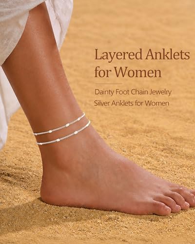 Gold Silver Ankle Bracelets for Women Waterproof 14K Gold Plated Anklets for Women Non Tarnish Dainty Layered Beaded Heart Anklet Set Summer Beach Foot Chain Jewelry Gifts Trendy Stuff - color: H- Non Tarnish Anklets-Silver