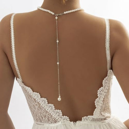 Pearl Backdrop Necklace for Wedding - Elegant Imitation Pearl Choker with Long Back Chain Jewelry for Backless Dress, Minimalist Bridal Body Chain for Women, Summer Beach Party Accessories