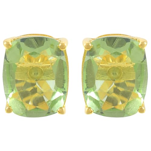 Women's 18K Gold Plated 8x10mm Princess Cut Gemstone Stud Earrings – Birthstone Jewelry for Her – Classic Cushion Studs - color: Green Amethyst