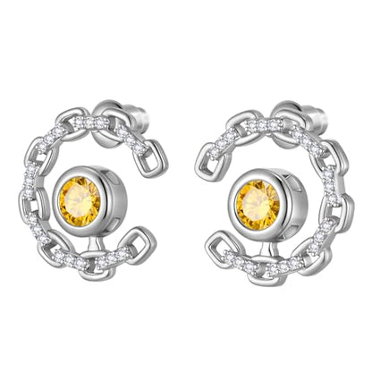 Elegant C-Shaped Crystal Stud Earrings with Birthstone Earring Silver Plated Fashion Jewelry for Women CE0003 - color: Yellow-November