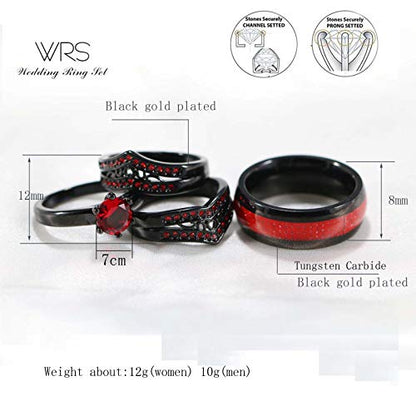 Two Rings His Hers Wedding Ring Sets Couples Matching Rings Women's 2pc Black Gold Plated Red CZ Wedding Engagement Ring Bridal Sets Men's Tungsten Carbide Band Wedding Band - color: Red, size: women's size 8 & men's size 12