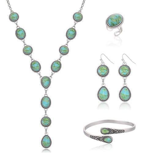 4 PCS Western Turquoise Jewelry for Women Boho Vintage Navajo Pearl Necklace Earring Bracelet Ring Set Country Cowgirl Accessories for Gift - color: R-Green