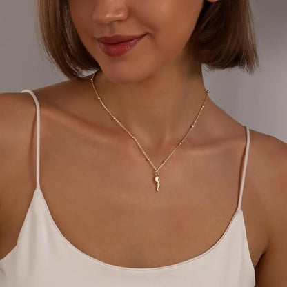 Gold Silver Necklace for Women, Dainty Cubic Zirconia Pendant | Teardrop CZ Charm, 14K Gold/Sterling Silver Plated, Adjustable Chain, Hypoallergenic & Waterproof Jewelry, Cute Trendy Gift - color: Gold-Italian horn/ball chain