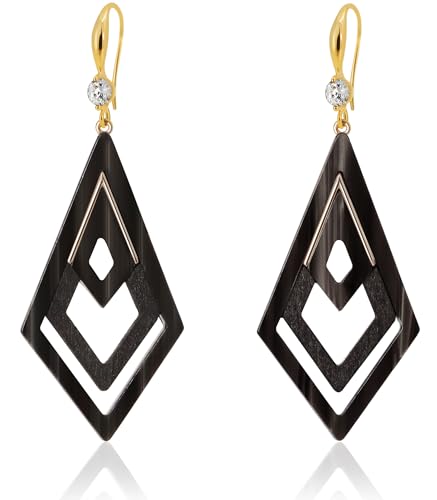 Ozel - Natural Wooden Acrylic Boho Drop Dangle Earrings for Women - Geometric Statement Jewellery - Brown, Black, Magent Red, Olive Green, White beige - color: Diamond_Black