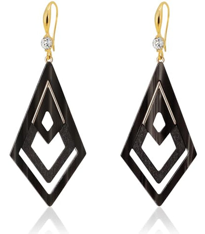 Ozel - Natural Wooden Acrylic Boho Drop Dangle Earrings for Women - Geometric Statement Jewellery - Brown, Black, Magent Red, Olive Green, White beige - color: Diamond_Black