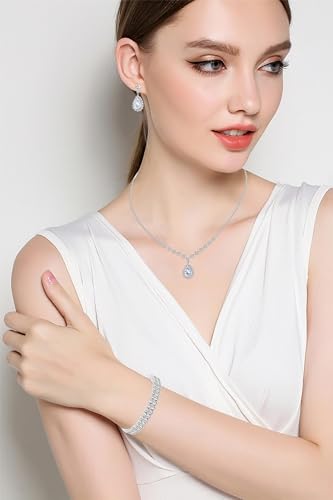 Paxuan Silver/Gold Rhinestone Crystal Wedding Bridal Bridesmaids Earrings Bracelet Set for Women Brides Bridesmaids Crystal Rhinestone Bracelet Earrings Set for Wedding Bridal Prom Pageant - color: Style1 - Necklace + Earrings + Bracelet(Silver Plated Whi