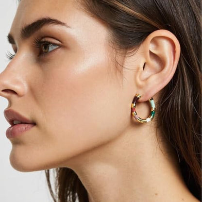 Milan Chiva 14K Gold Plated Small Huggie Dangle Earrings | Lightweight Trendy Heart Dainty Jewelry Hypoallergenic Chunky Gold Hoops Earrings Jewelry Mothers Day Gift for Women - color: E-Multi-Green