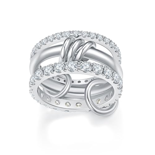 MINDDHA 14K Gold Plated Interlocked Stackable Rings for Women - Statement Multi Ring Stack - Cubic Zirconia Two-Toned Stackable Bands Stacking Jewelry 3 Row Size 4-12 - color: Thin Band&CZ Silver