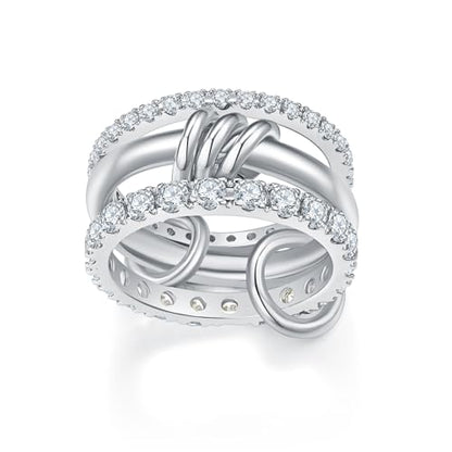 MINDDHA 14K Gold Plated Interlocked Stackable Rings for Women - Statement Multi Ring Stack - Cubic Zirconia Two-Toned Stackable Bands Stacking Jewelry 3 Row Size 4-12 - color: Thin Band&CZ Silver