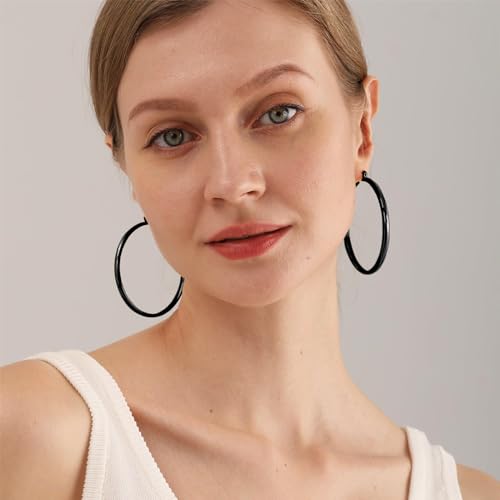 4mm Thick Gold Chunky Earrings Steling Silver Post Hoops Earrings For Women Hollow Tube Hoops Earrings Thick Gold Hoop Earrings Hypoallergenic Lightweight Gold Hoop Large Earrings 20/30/40/50/60MM - color: black,4*50mm