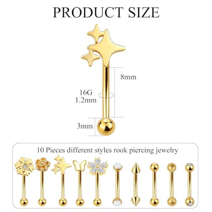 Xpircn Rook Daith Eyebrow Piercing Jewelry 16G Stainless Surgical Steel Curved Barbell Eyebrow Rings Vertical Labret Lip Piercing Jewelry Rook Daith Earrings for Women Men - color: Gold