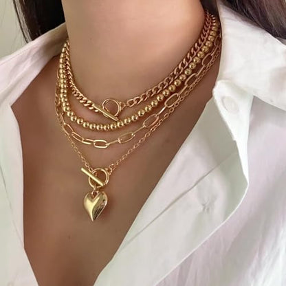 4pcs Layered Gold Necklace for Women NonTarnish Chunky Gold Necklace Retro Coin Heart Pendant Necklace Paperclip Chain Jewelry Set - color: Gold