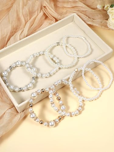 4/8 Pack Pearl Bracelets for Women Simulated Pearl Beaded Stackable Bracelet Set White Pearls Stretch Bracelet Set Multilayered Elastic Pearls Bracelets Bangles for Women Bridal Boho Jewelry - color: Gold Silver