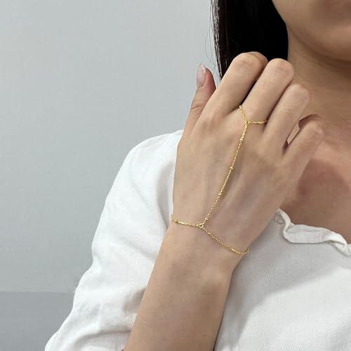 Kakikaki 925 Sterling Silver Finger Ring Bracelet Hand Chain for Women | Slave Bracelets 7" to 9" Adjustable - color: Gold, style: Satellite Chain