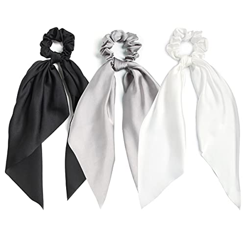 3PCS Hair Scarf Scruncheis for Women Knotted Bow Hair Ties Elastic Bands Satin Hair Ribbon Scrunchy Red Ponytail Holder for Women and Girls (Black White Gray) - color: Black White Gray