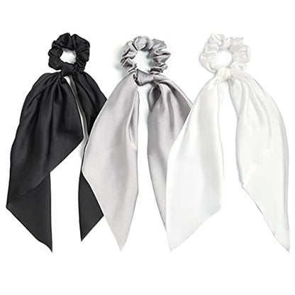 3PCS Hair Scarf Scruncheis for Women Knotted Bow Hair Ties Elastic Bands Satin Hair Ribbon Scrunchy Red Ponytail Holder for Women and Girls (Black White Gray) - color: Black White Gray