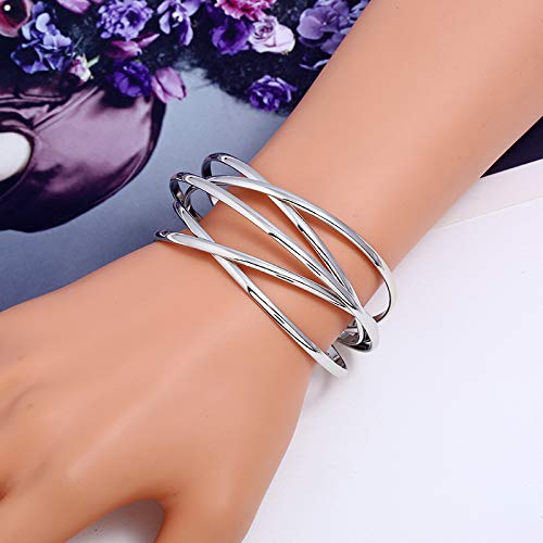 Boho Chunky Cuff Bracelet for Women,Gold/Silver/Rose gold Multi-layer Cross Wire Bangle Bracelets Open Adjustable Wide Cuff Bracelet Fashion Statement Jewelry - color: Silver