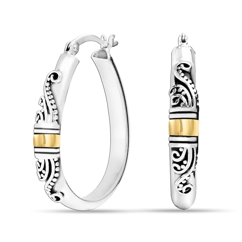 LeCalla 925 Sterling Silver Bali-Style Hoop Earrings Lightweight Click-Top Antique Two-Tone Beaded Italian Bali Style Earring Hoops for Women - style: Pear Bali-style