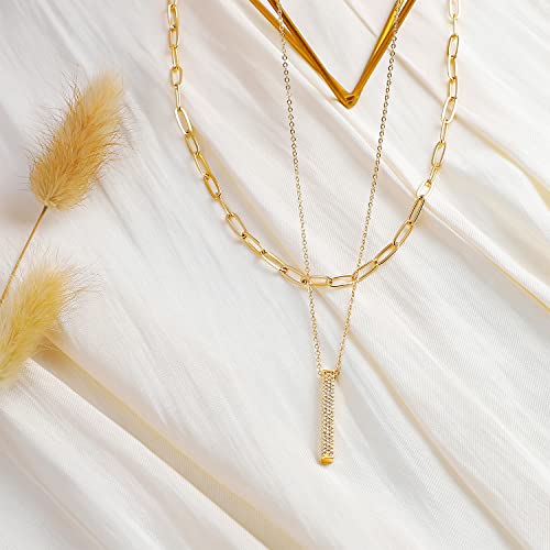 MEVECCO Dainty Pendant Layered Necklaces for Women | 18K Gold Plated Brass, 2-Piece Set With A Choker-Length Upper Layer, Wear Together Or Separately, Refined Everyday Style - style: Layer Vertical Bar
