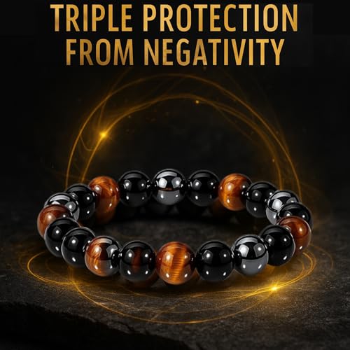 WFJ Black Obsidian Hematite Triple Protection Bracelets Set - Tiger Eye Beaded Natural Stone Bracelet for Men Women Gemstone (10MM) - color: Triple Protection Set of 2 – Men’s M–L Wrist
