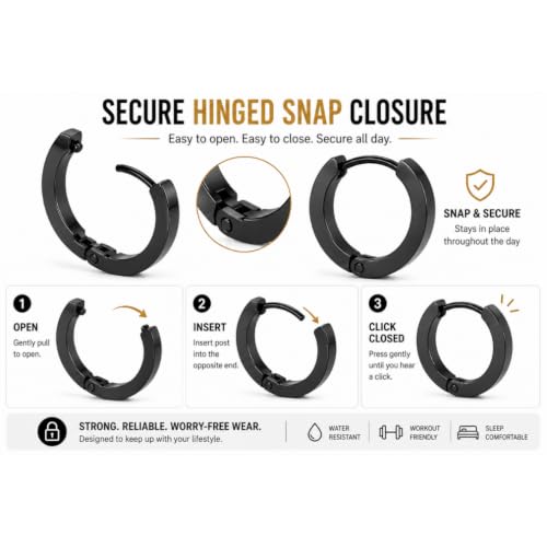 3 Pairs Stainless Steel Huggie Hoop Earrings for Men and Women – Black, Gold & Silver Hinged Hoop Set – Hypoallergenic Small Clicker Earrings for Everyday Wear