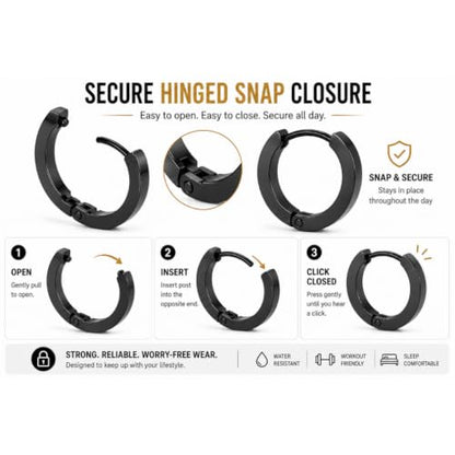 3 Pairs Stainless Steel Huggie Hoop Earrings for Men and Women – Black, Gold & Silver Hinged Hoop Set – Hypoallergenic Small Clicker Earrings for Everyday Wear