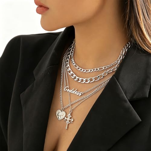 GYRMMUE 5 Pcs Chunky Gold Layered Necklaces Set for Women Heart Locket Coin Cross Pendant Necklaces Punk Hip Hop Charm Necklace Goddess Style Stacked Chain Necklace Christian Faith Jewelry - color: Silver