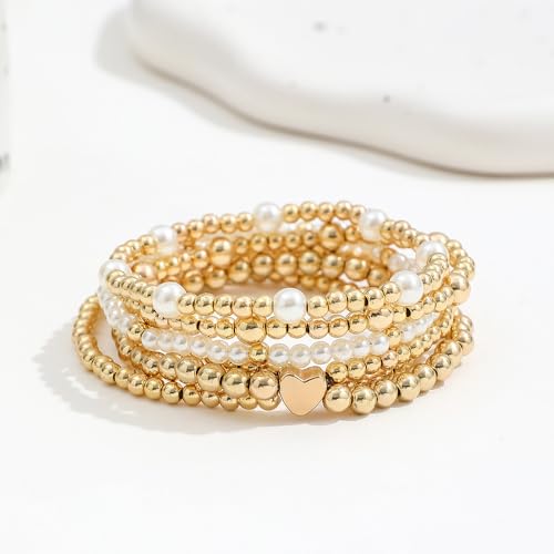 Pearl Bracelets for Women Simulated Pearl Beaded Bracelet White Pearls Stackable Stretch Bracelet Set Multilayered Elastic Pearls Bracelets for Women Bridesmaid Bridal Jewelry - color: gold heart