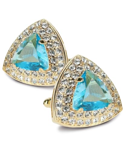 Triangular Crystal Diamond Set Cuff Links for Men – Tuxedo Suit Accessories, Cufflinks for Men - style: Turquoise/Gold