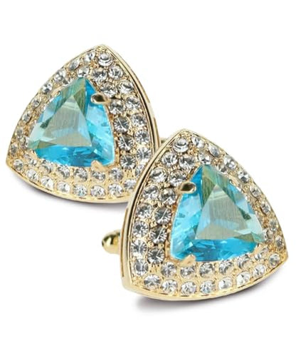 Triangular Crystal Diamond Set Cuff Links for Men – Tuxedo Suit Accessories, Cufflinks for Men - style: Turquoise/Gold