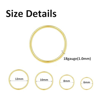 4/8Pcs 20G 18G 16G Nose Rings Hoops Surgical Steel | Nose Seamless Hinged Clicker Segment Septum Lip Rings Conch Tragus Cartilage Daith Rook Piercing Jewelry 6mm 8mm 10mm 12mm - color: Gold, size: 18G*(6/8/10/12mm)-8pcs
