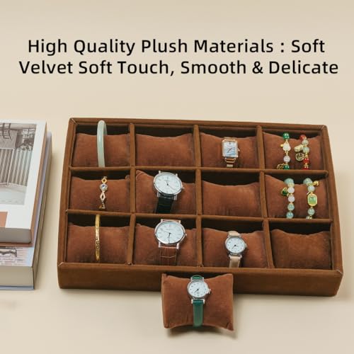 Jewelry Watch Tray, Coffee Velvet Watch Jewelry Organizer 12 Grid, Stackable Watch Bracelet Bangle Display Holder, Adjustable Pillows, for Man Woman Show Birthday - color: Coffee