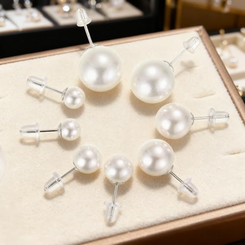 925 Sterling Silver Pearl Stud Earrings for Women, Hypoallergenic Silver Pearl Earrings Everyday Jewelry - size: 8mm
