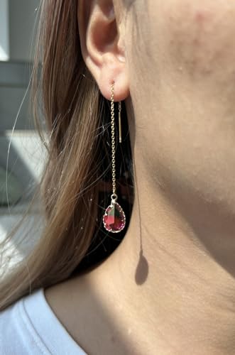 WANGGAO Stainless Steel Water Drop Long Chain Earrings for Women Linear Crystal Threader Earrings Jewelry - color: Green Pink