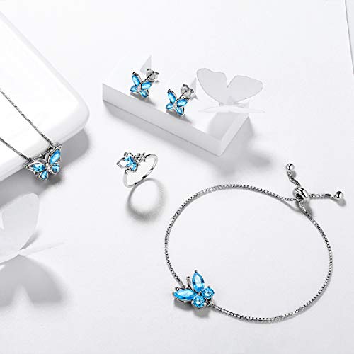 Aurora Tears Butterfly Jewelry,Women 925 Sterling Silver Butterflies Birthstone Pendant Necklace/Earrings/Rings Wedding Gift - color: C.March-set 3