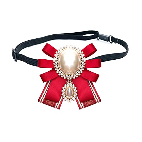 FASELE Bow Brooch Pre-Tied Neck Tie Pearl Brooch Pin Striped Bow Tie for Women Wedding Party Bow Tie - color: Red/Adjustable