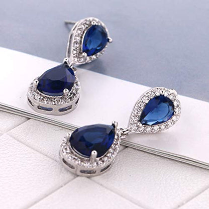 Pave Teardrop Earrings for Wedding Sterling Silver Double Pear Shaped CZ Cubic Zirconia Crystal Rhinestone Birthstone Dangle Earrings Bridal Jewelry for Bride Bridesmaids - color: Royal Blue Sapphire