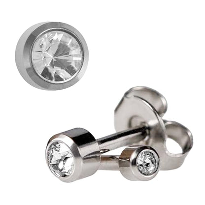 CAFLON Titanium Bezel Stud Earrings | Size 3mm / 4mm | Nickel Free Hypoallergenic Ear Jewelry | April Birthstone Clear Crystal | Secure Back Piercing Stud - size: 3 MM