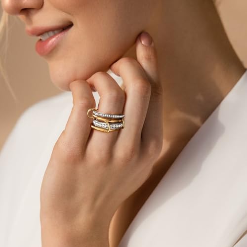 HERSIN Stackable Interlocked Rings for Women Non Tarnish, 14K Gold Plated Cubiz Zirconia Ring Chunky Rings Mixed Metal Multi Ring Dainty Stacking Rings Set Gold Jewelry for Women Gifts