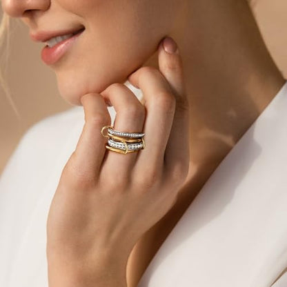 HERSIN Stackable Interlocked Rings for Women Non Tarnish, 14K Gold Plated Cubiz Zirconia Ring Chunky Rings Mixed Metal Multi Ring Dainty Stacking Rings Set Gold Jewelry for Women Gifts