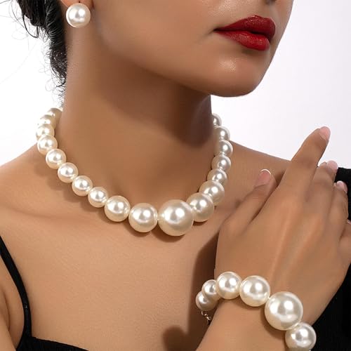 Pearl Jewelry Set for Women Pearl Necklace and Earring Set Bridal Jewelry Set for Wedding Elegant Pearl Jewelry - color: A3:Set-Chunky3