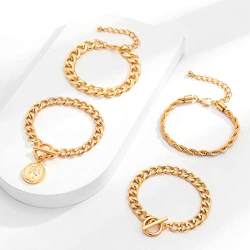 Boho Fashion Dainty Boho Gold Silver Chain Stackable Bracelets Set for Women Adjustable Beaded Coin Chunky Flat Cable Chain Punk Bracelets Jewelry for Women Gift Set of 4 - color: Gold