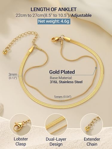 PROSTEEL Ankle Bracelets for Women Waterproof, Layered Stainless Steel Summer Beach anklets, Silver/Gold 8-10.5 Inch Adjustable, Come with Box - color: Gold, size: Layer Snake