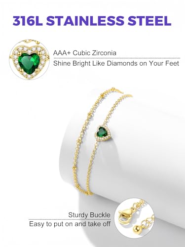 Richsteel Double Layer Heart/Butterfly Birthstone Anklet for Women | Non Tarnish Waterproof, Silver/Gold/Black Stainless Steel 8.5-10.5 Inch Adjustable Chain Anklets Summer Beach Foot Jewelry - color: Gold Heart-05 May(Emerald)